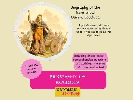 Biography of famous historical figures BOUDICCA with linked reading, art, role play and extension