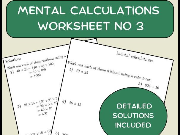 Mental calculations worksheet no 3 (with solutions)