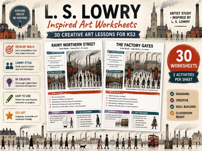 L. S. Lowry Inspired Art Worksheets | 30 Creative KS3 Art Lessons | Artist Study, Drawing & Composit