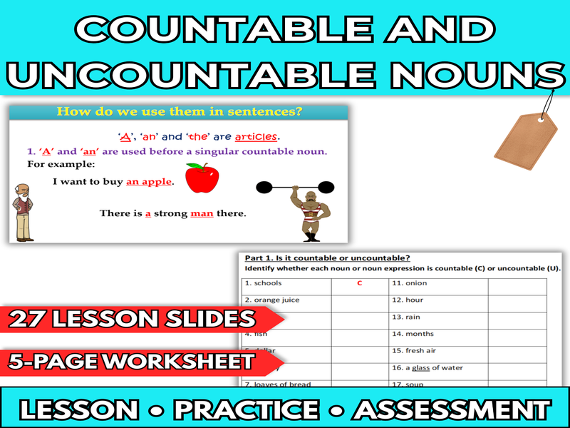 EFL / ESL Countable and Uncountable Nouns - Editable Lesson Slides & Worksheets