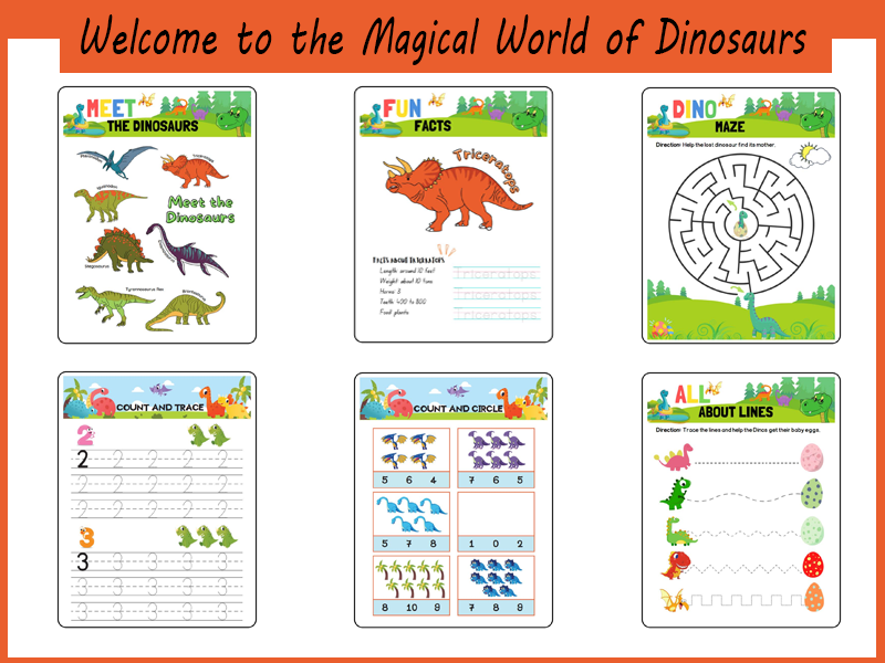 Dinosaur Activity Book for Kids - 50 Pages of Learning and Fun! Includes coloring, numbers, mazes