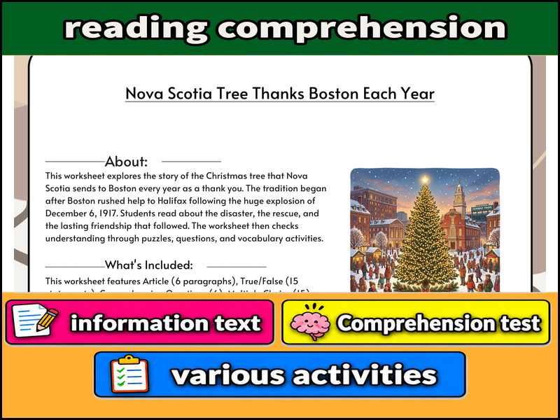 Nova Scotia Tree Thanks Boston Each Year  & Comprehension Test