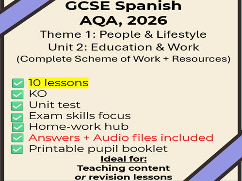 GCSE Spanish: Unit 2 Education & Work -10 lessons/full SOW + extras (New Spec AQA, 2026)