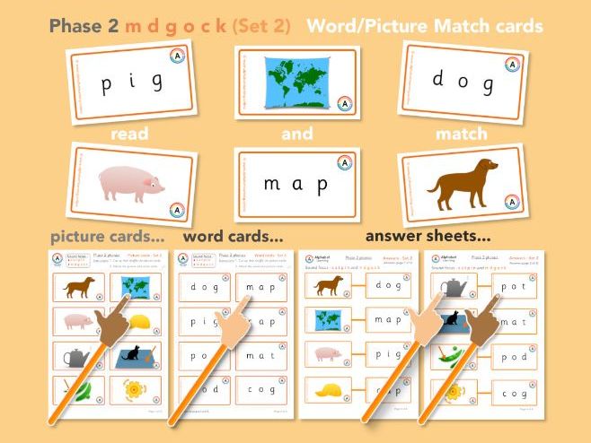 Phase 2 Phonics CVC Match Cards (m d g o c k)