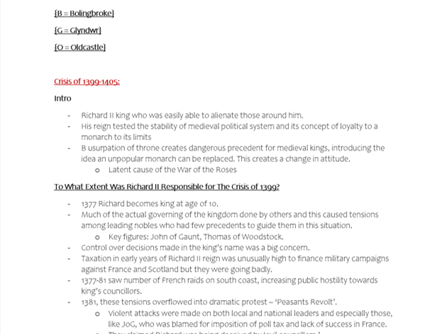 War of the Roses 1399-1509 Depth Notes Edexcel