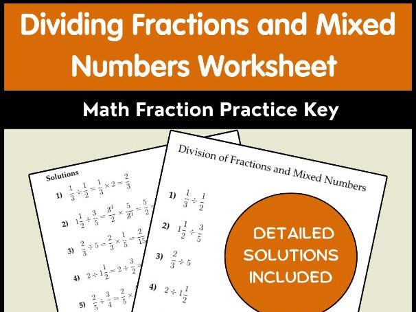 Dividing Fractions and Mixed Numbers Worksheet | Math Fraction Practice Key