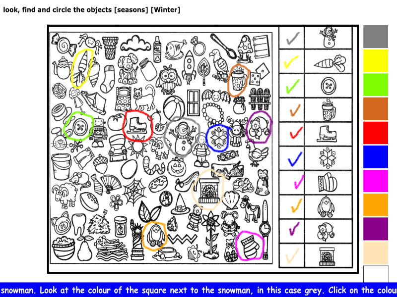 look, find and circle the objects [seasons] [Winter]