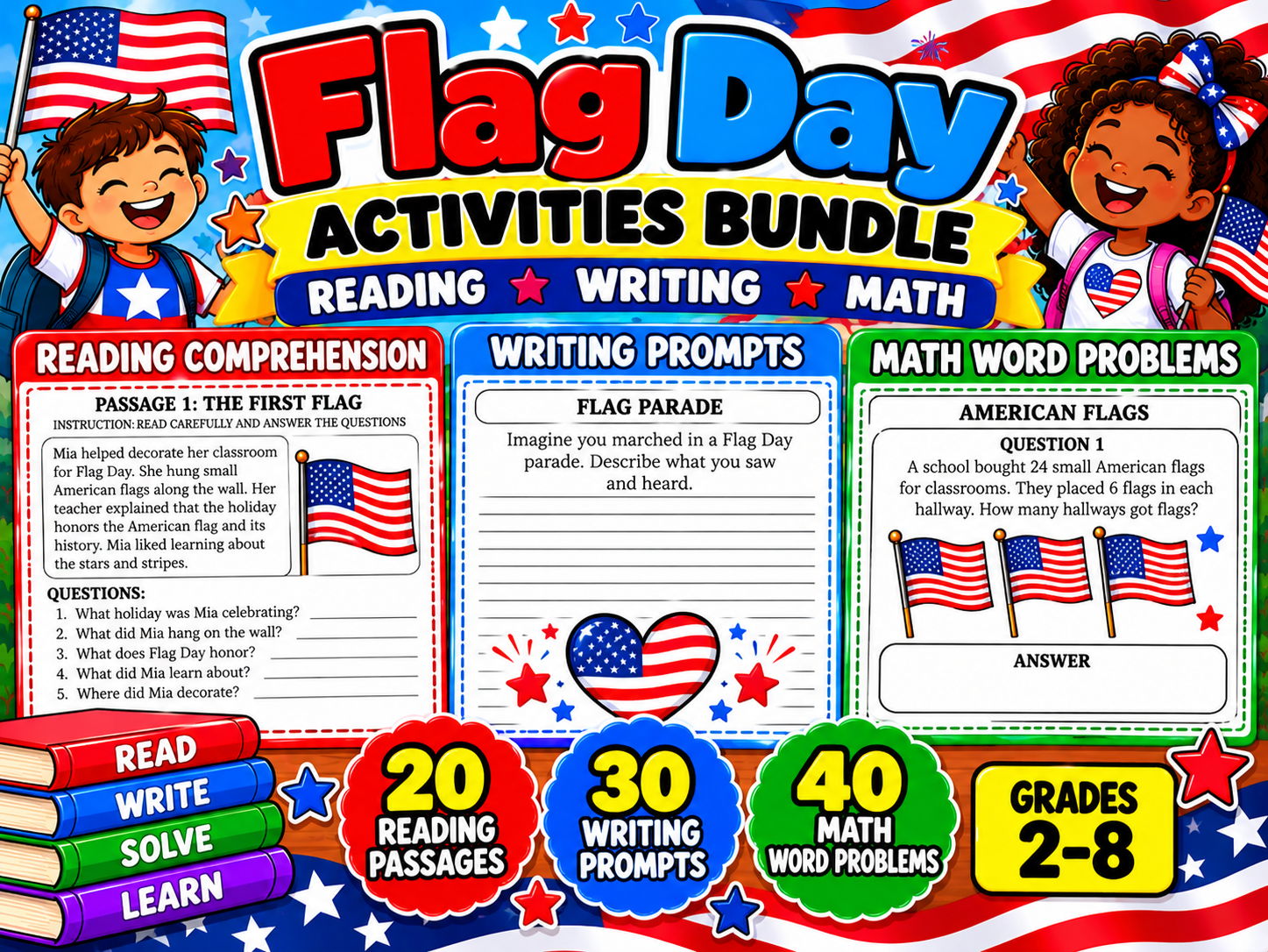 Flag Day Activities Bundle | Reading Comprehension, Writing Prompts and Math Worksheets
