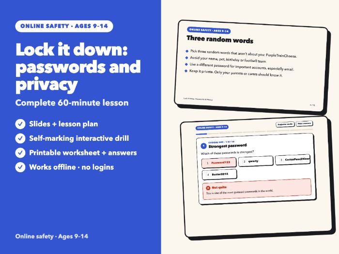 Online Safety Lesson: Passwords, 2-Step Verification & Privacy | Slides, Drill, Worksheet | Age 9-14