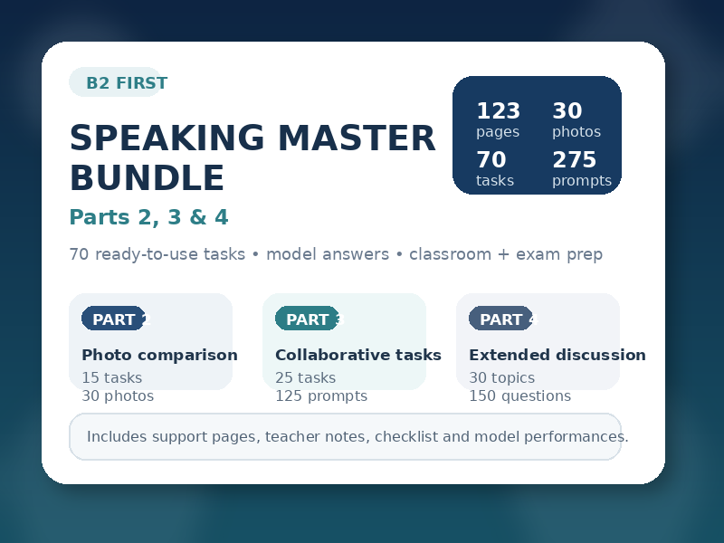 B2 First Speaking Parts 2, 3 & 4 – 70 Exam Practice Tasks + 275 Questions | FCE Bundle