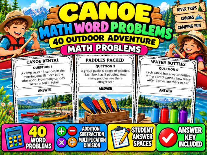 Canoe Day Math Word Problems | 40 Outdoor Adventure Math Problems & Answer Key