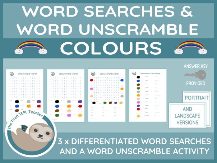 ESL Colours Differentiated Word Searches and Word Unscramble