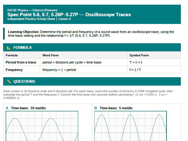IGCSE Physics: Oscilloscope Traces — Finding Frequency | FREE Worksheet | Edexcel Modular | Unit 5 |