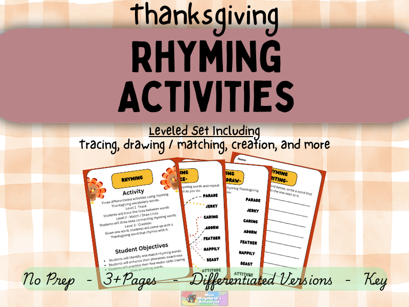 Thanksgiving Rhyming Activities | Differentiated Activity Set for K-5