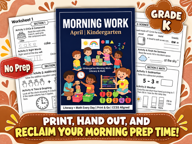 April Morning Work Kindergarten Worksheets — Daily ELA & Math Spiral Review (20 Days)