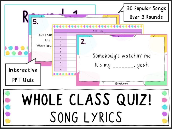 Whole Class Song Lyrics Quiz, End of Year/Term