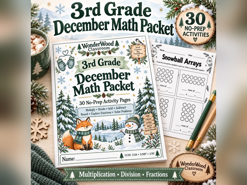 3rd Grade December Math Packet - 30 No-Prep Pages