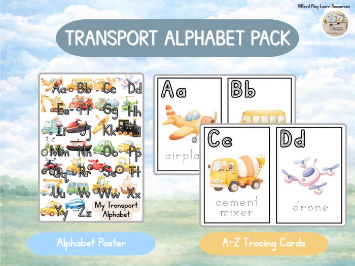 Transport Alphabet Pack EYFS A-Z Poster & Tracing Cards | Letter Formation | Initial Sounds