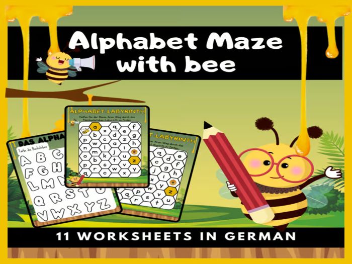 Alphabet Mazes Letter with bee - Worksheets /Alphabet Recognition/Identification in German