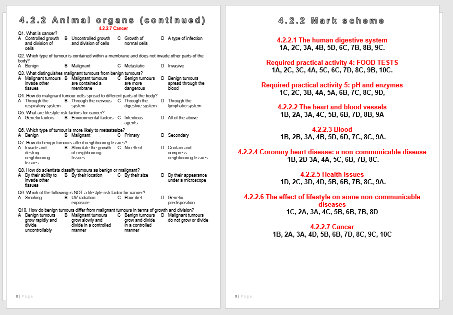 MCQ Biology trilogy GCSE AQA 4.2 Organisation | Teaching Resources