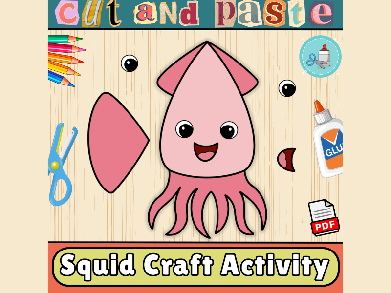 Squid Craft Template-Ocean Animals Bulletin Board Craft-Summer Cut & Paste Activity