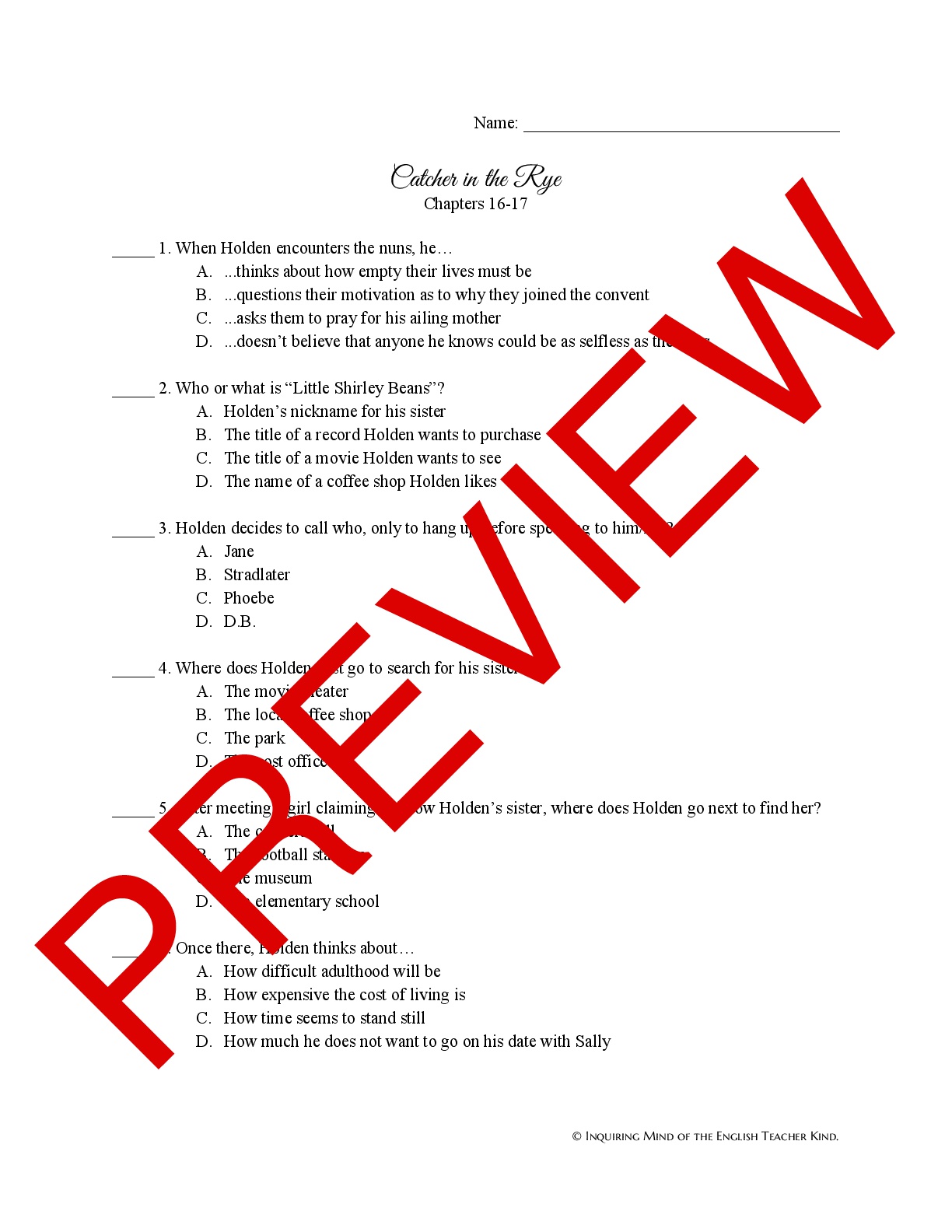 Catcher in the Rye Quiz Chapters 1617 Teaching Resources