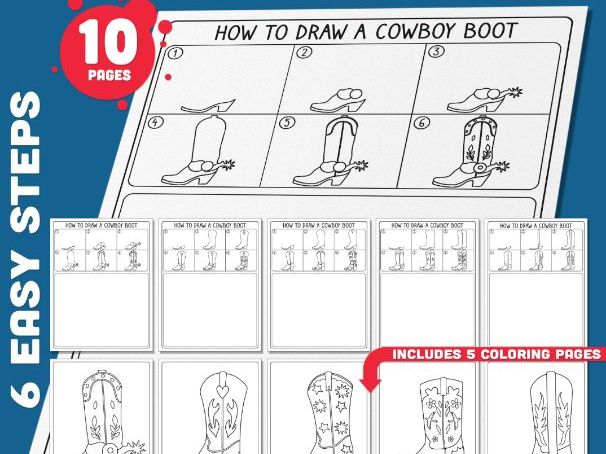 How to Draw a Cowboy Boot, Directed Drawing Activity, Easy Printable Drawing Guide for Kids