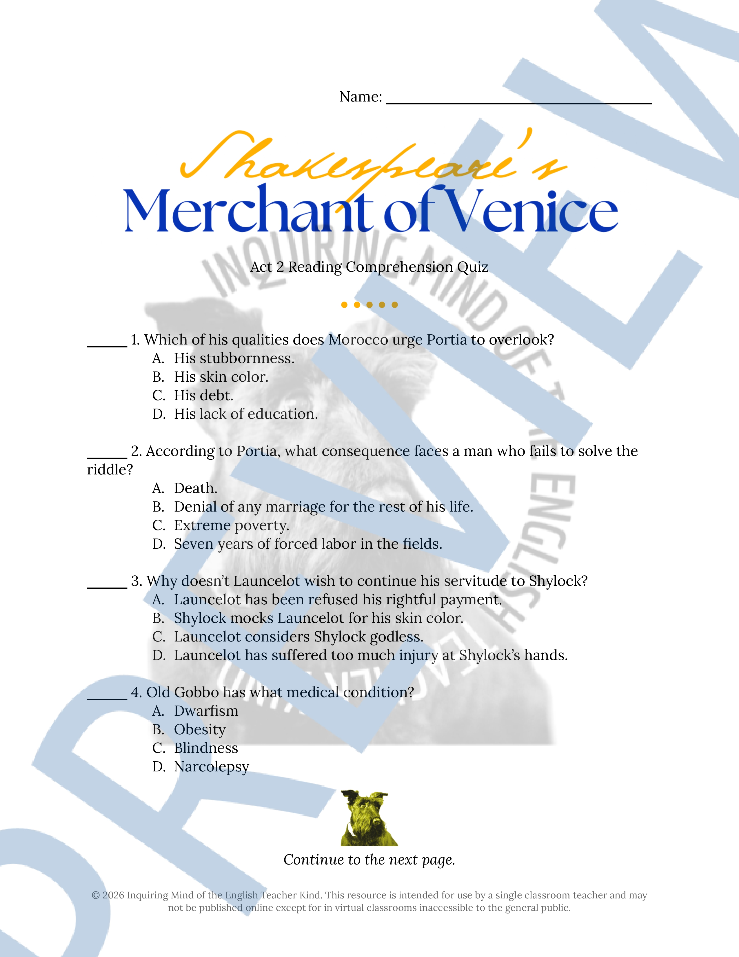 Shakespeare's The Merchant of Venice Act 2 Quiz and Answer Key ...