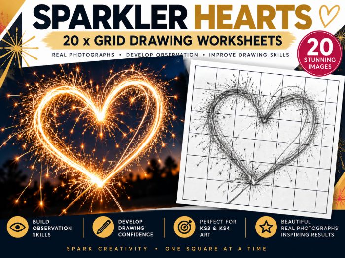 Sparkler Hearts Grid Drawing Worksheets – 20 Bonfire Night Art Activities | KS3 & KS4