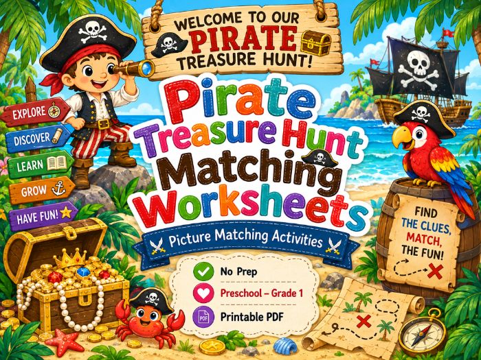Pirate Treasure Hunt Matching Worksheets | Preschool Math & Literacy Activities | Pre-K–Grade 1