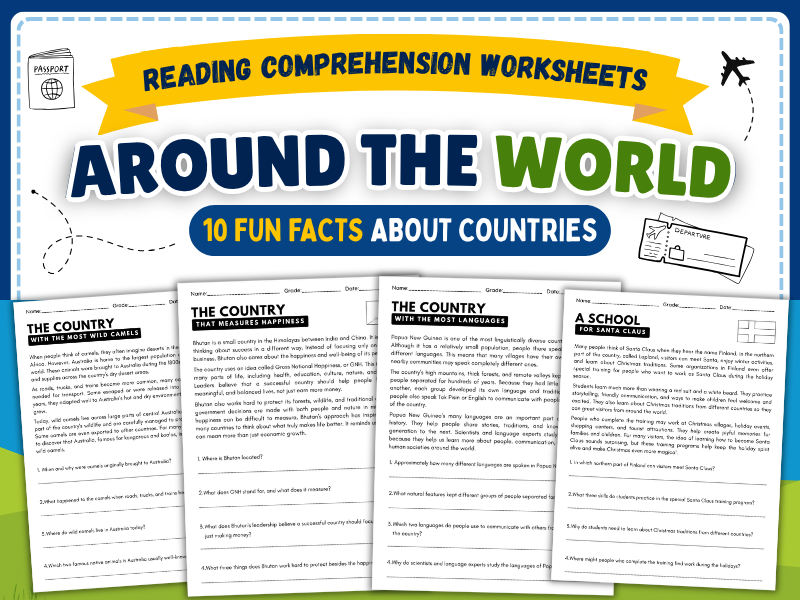 Around the World Reading Comprehension Worksheets | 10 Fun Facts About Countries