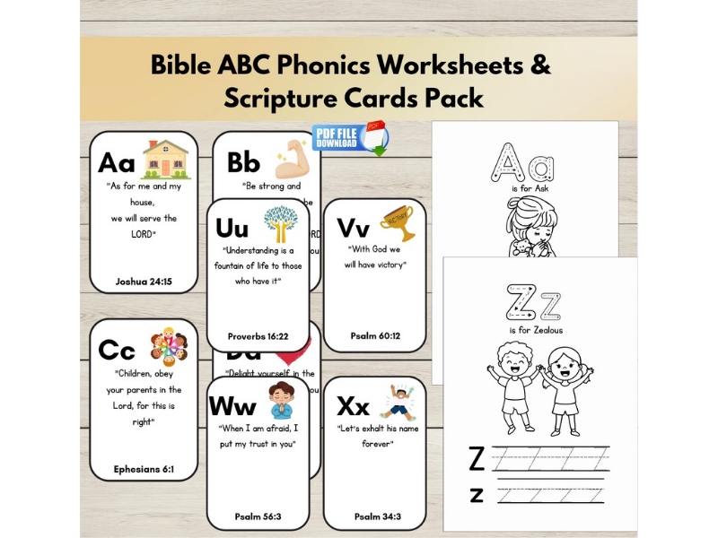 Christian Alphabet Bundle for Preschool | Bible ABC Phonics Worksheets & Scripture Cards