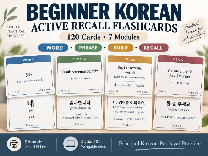 Beginner Korean Active Recall Flashcards