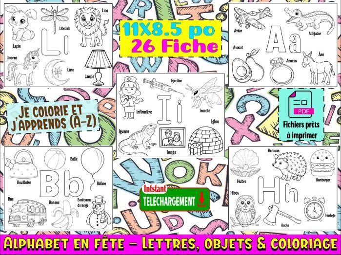 Alphabet en fête – Lettres, objets & coloriage | Je colorie et j’apprends (A–Z)