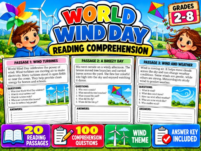 World Wind Day Reading Comprehension | 20 Passages & 100 Questions | Grades 2–8