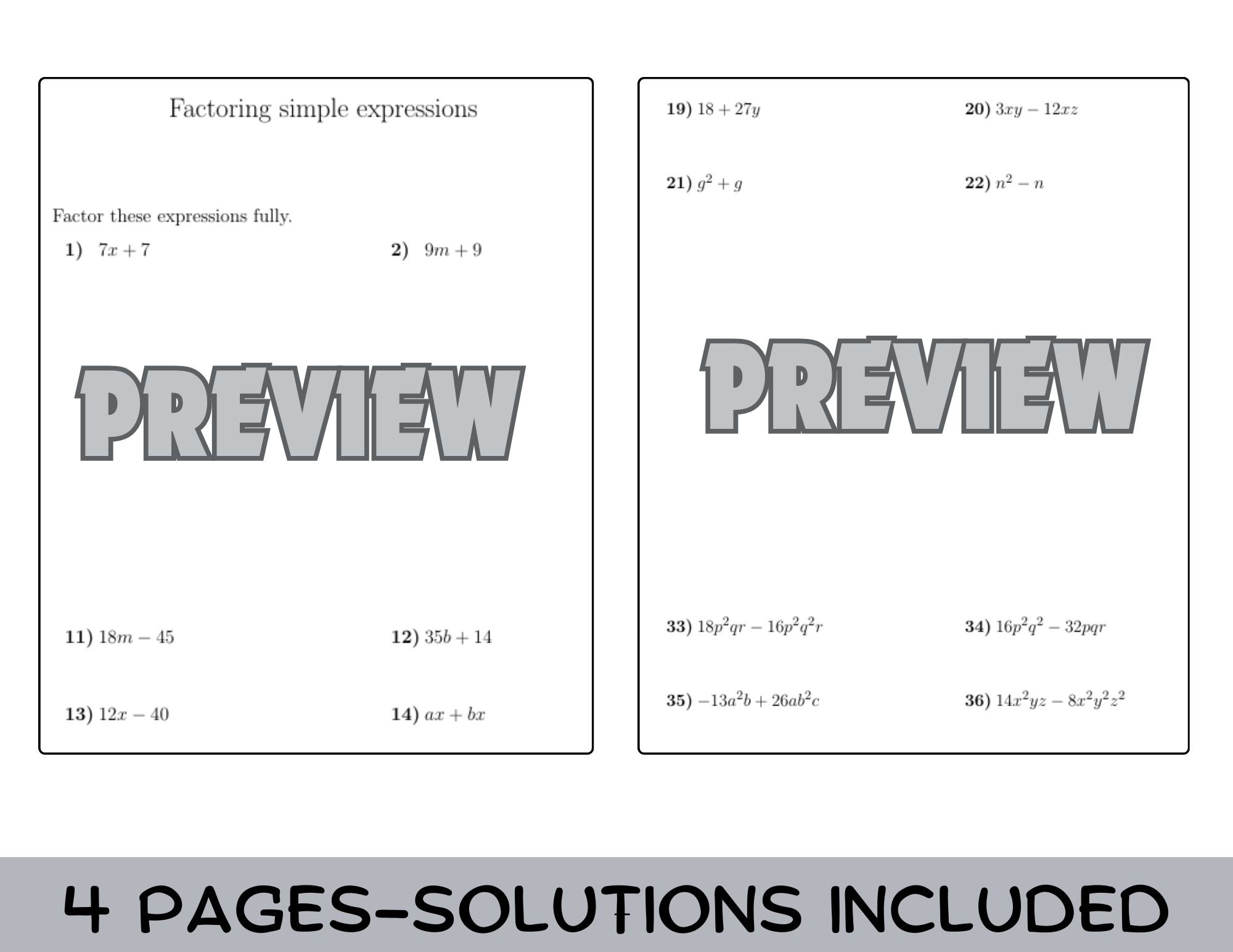 Factoring Algebraic Expressions Worksheet | Greatest Common Factor GCF ...