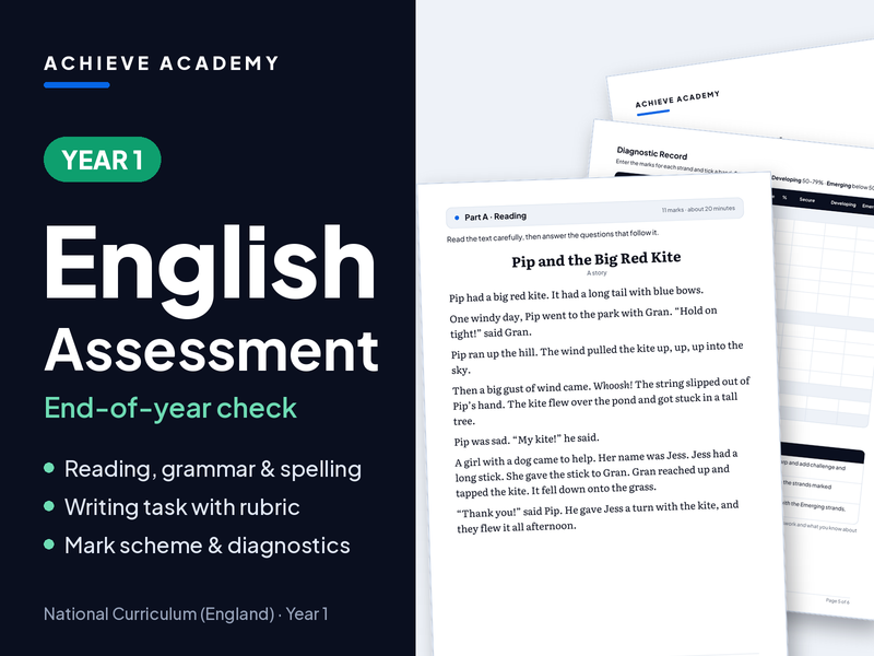 Year 1 English Assessment – Reading, GPS, Spelling & Writing with Mark Scheme