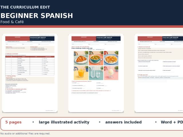 Spanish Food and Café Illustrated Worksheet | Beginner A1–A2 | Answers Included