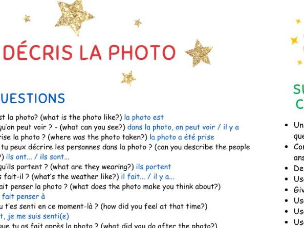 Describing a photo in French - questions, answers and success criteria IGCSE/GCSE