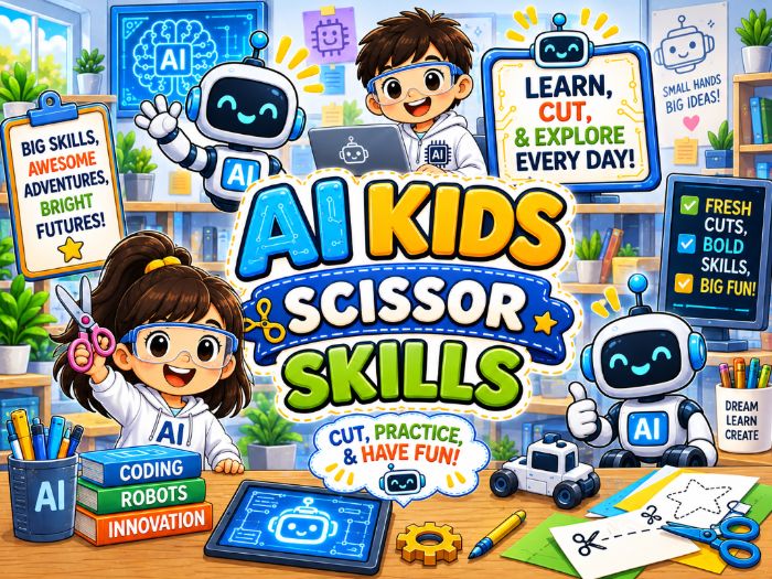 AI & Robot Scissor Skills Worksheets | Cutting Practice Fine Motor Activities | Preschool–1st Grade