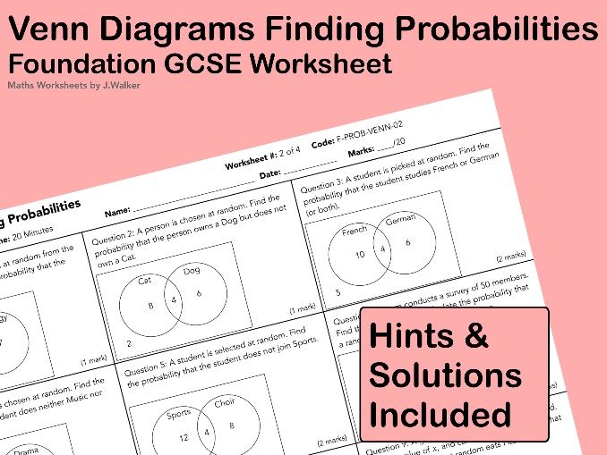 GCSE Maths Worksheet: Venn Diagrams Finding Probabilities - Foundation Tier