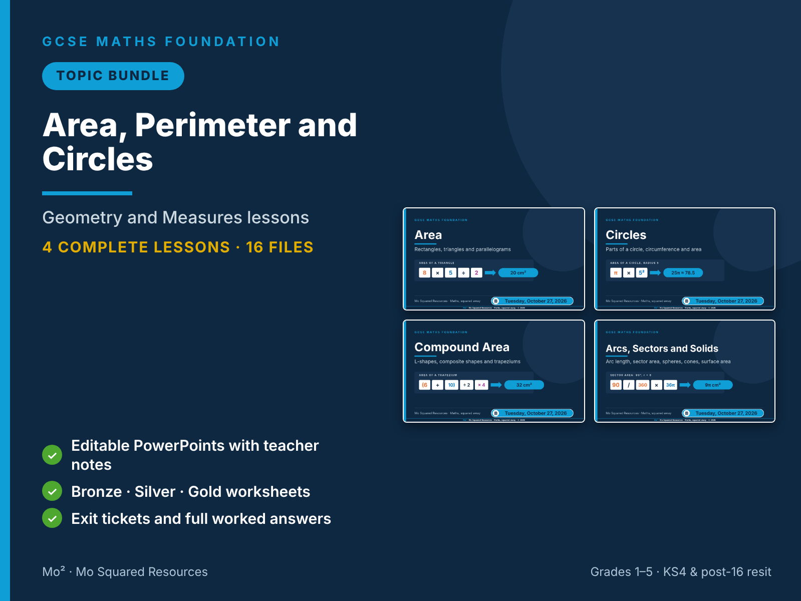 Area, Perimeter and Circles – 4 GCSE Maths Foundation Lessons (Topic Bundle) with Worksheets & Answers