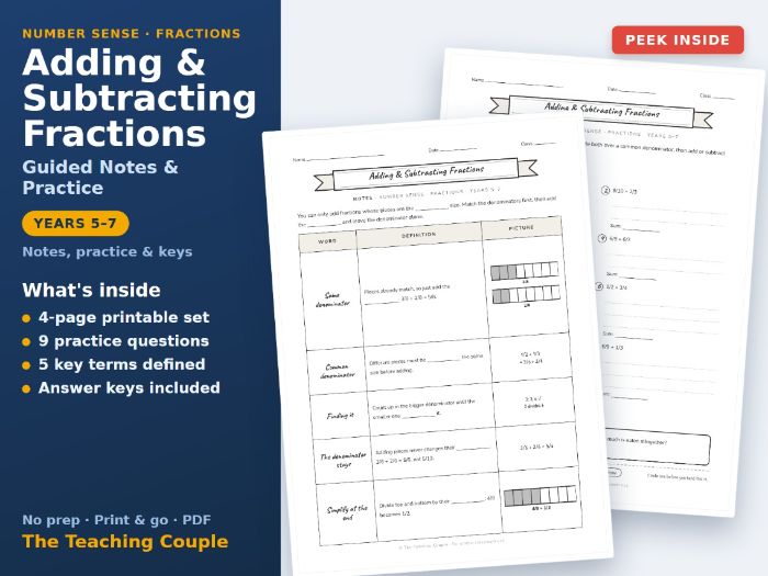 Adding & Subtracting Fractions Guided Notes & Practice + Answer Keys