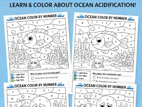 Ocean Acidification Color by Number Worksheets |Coloring Pages with questions (K-grade3)