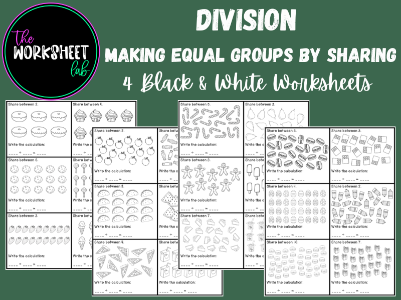 Division - Making Equal Groups by Sharing Worksheets in Black and White