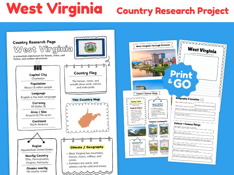 West Virginia State Research Project | US Geography & State Study Worksheets