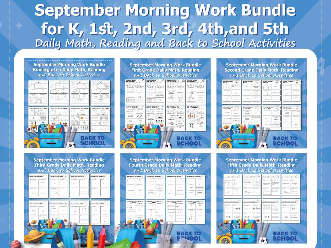 September Morning Work for K,1st,2nd,3rd,4th,and 5th Bundle Daily Math, Reading