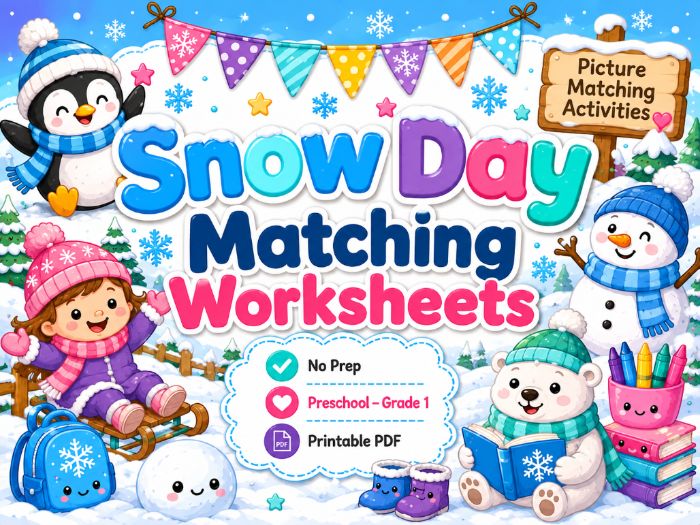 Snow Day Matching Worksheets | Winter Picture Matching Activities | Preschool–Grade 1