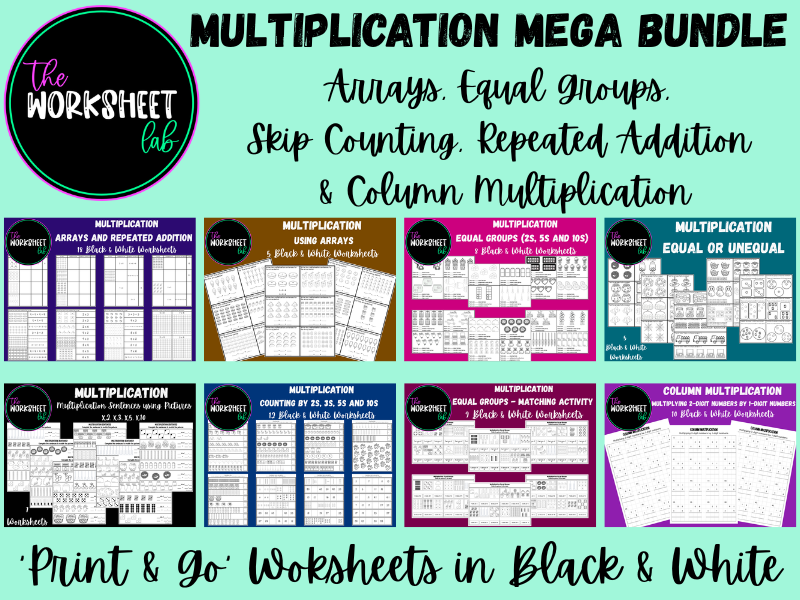 Multiplication MEGA Bundle: Arrays, Equal Groups, Skip Counting, Repeated Addition & Column Multiplication Worksheets