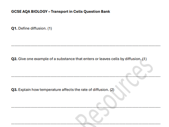 GCSE AQA BIOLOGY - TRANSPORT IN CELLS QUESTIONS